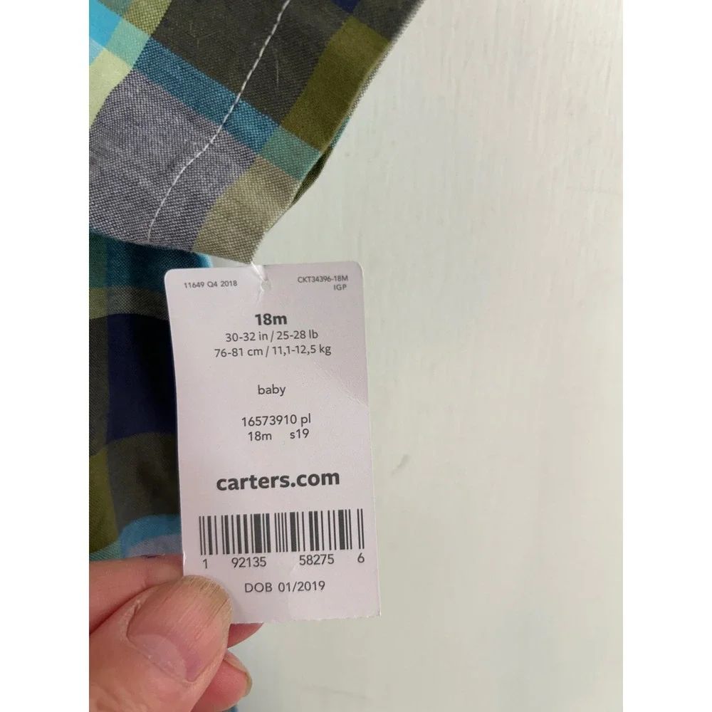Carter's Plaid Romper 18M Blue Green Button Front Short Sleeve Baby Boy